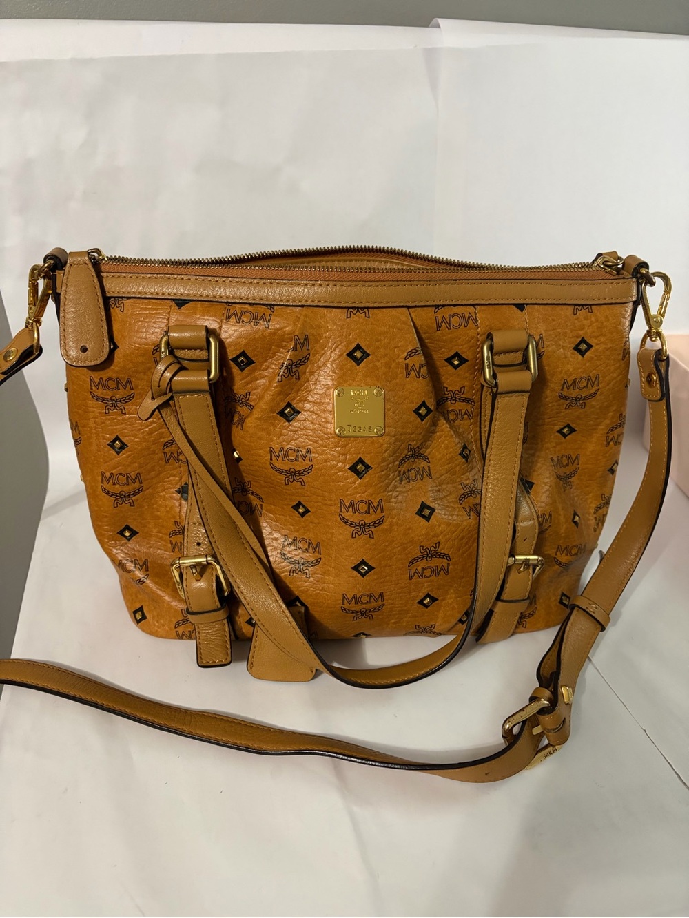 100% authentic MCM Cognac Visetos Monogram Shoulder Bag with Gold Hardware